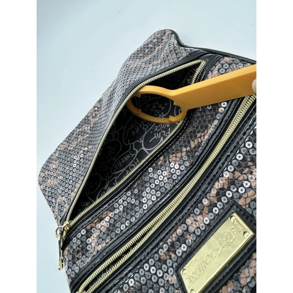 Betsey Johnson‎ Camo Sequin Crossbody Bag Double Zipper Black & Brown NWOT